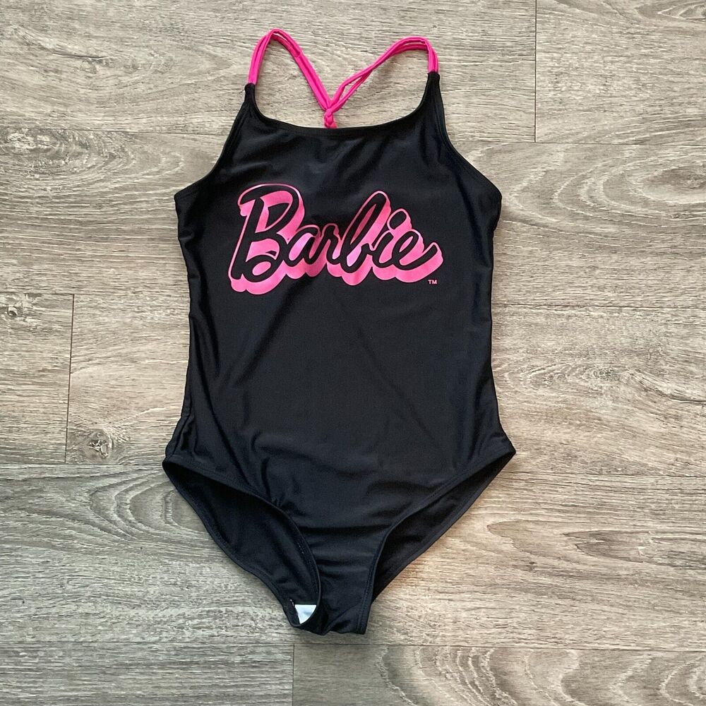 Barbie Little Girls Black Pink One Piece Swimsuit Girls Birthday Costume Size 10